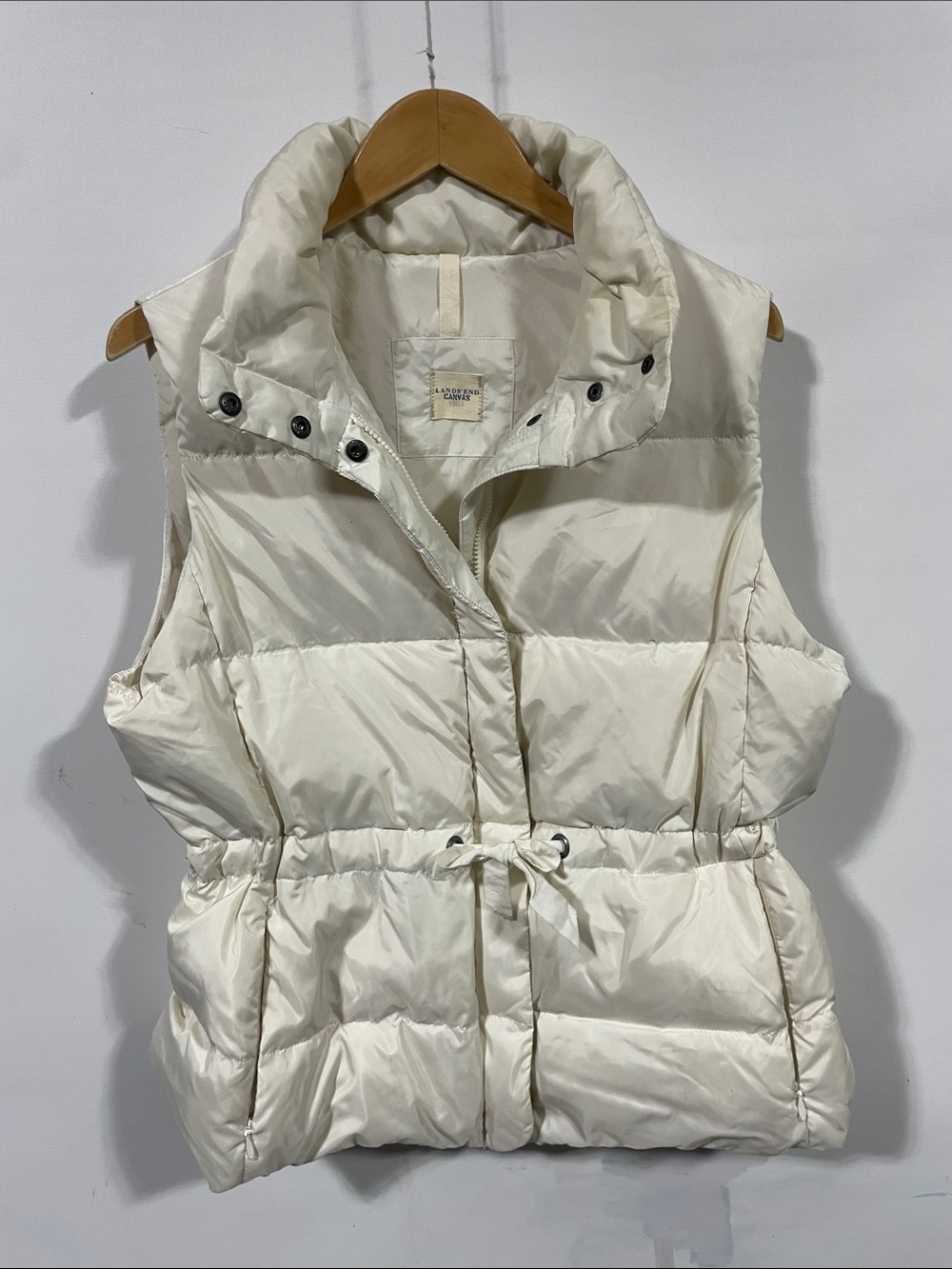 Lands' End goose down Cream Quilted Puffer Vest with Drawcord Waist